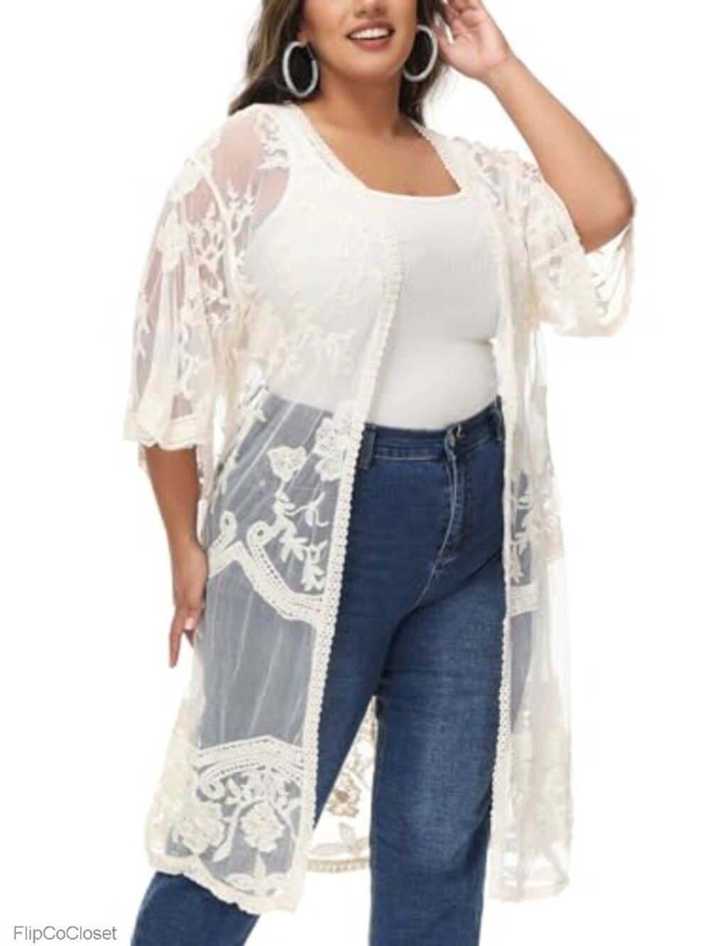 Plus Size Lace Kimono Cardigan Embroidered Long Duster Half Sleeve Beach Coverup